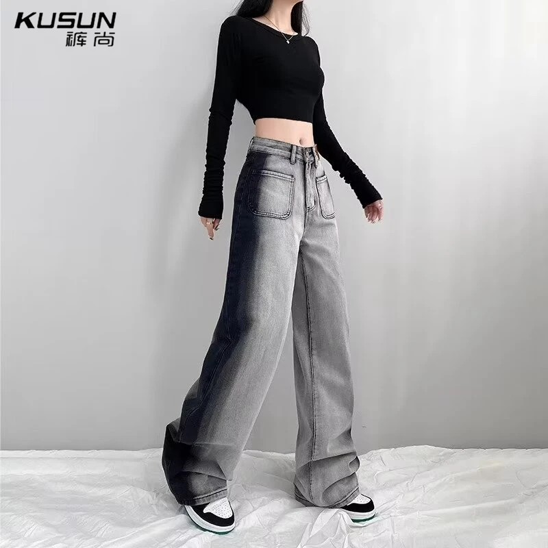 裤尚拼接撞色阔腿牛仔裤女新款复古破洞显瘦宽松直筒裤