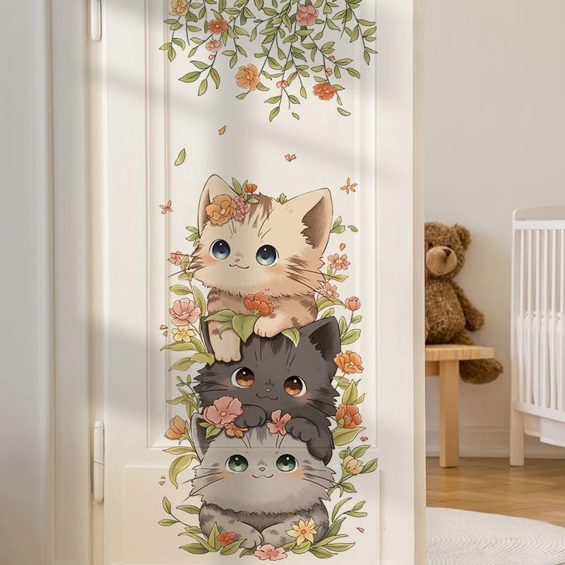 卡通可爱猫咪墙贴纸花朵叶子儿童房间装饰墙面防水自粘幼儿园教室