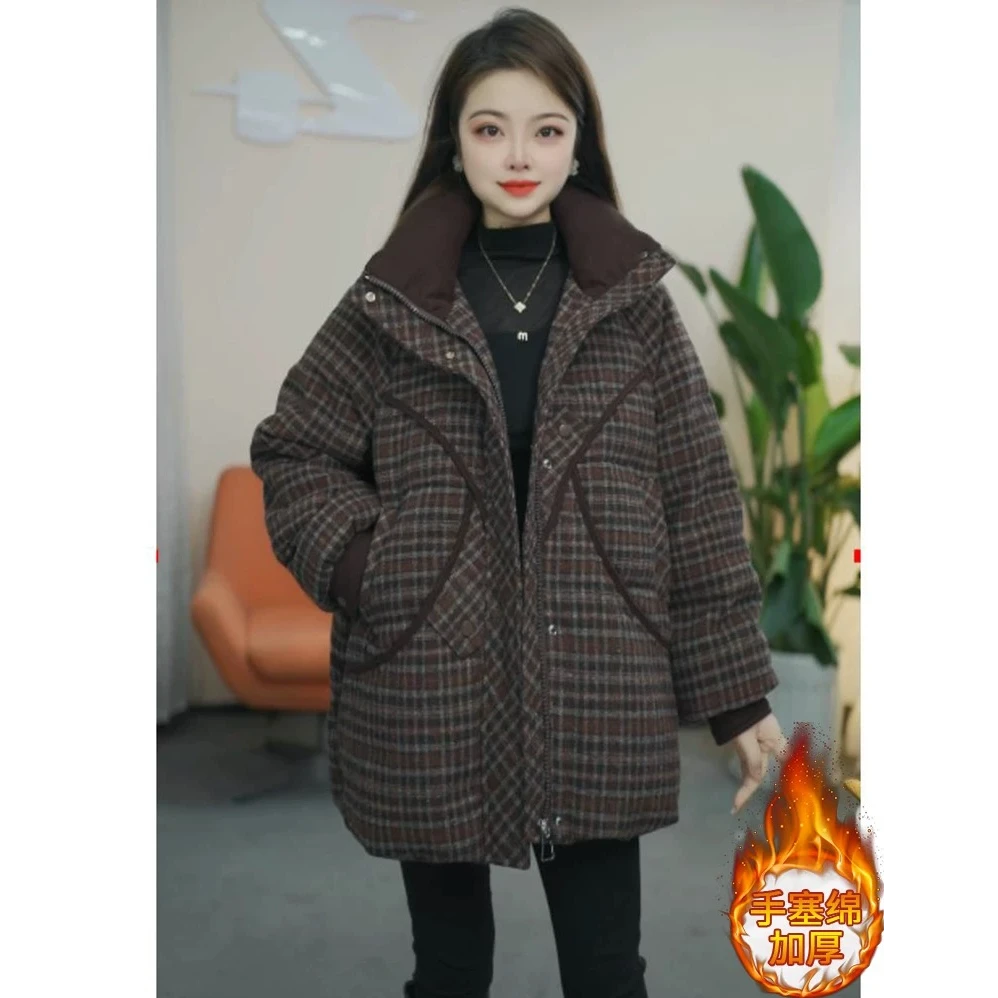 新韩版时尚格子中长款棉服外套女冬2024新款休闲保暖加厚棉衣棉袄