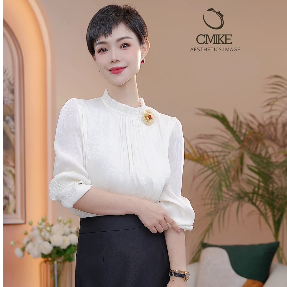 【橙蜜客】肌理感胸花衬衫 气质长袖通勤法式衬衣2453C000567