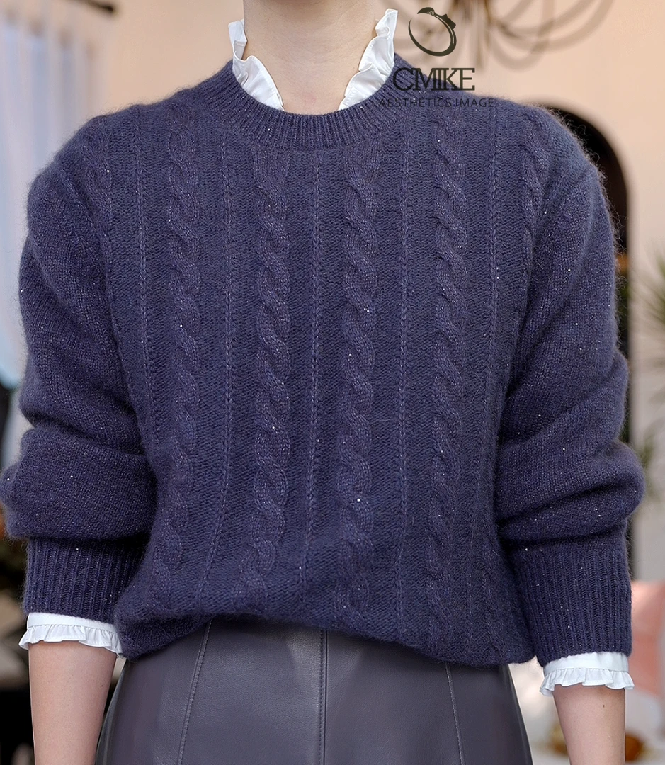 【橙蜜客】闪闪亮片绞花毛衣 时尚气质百搭长袖针织衫2454M000802