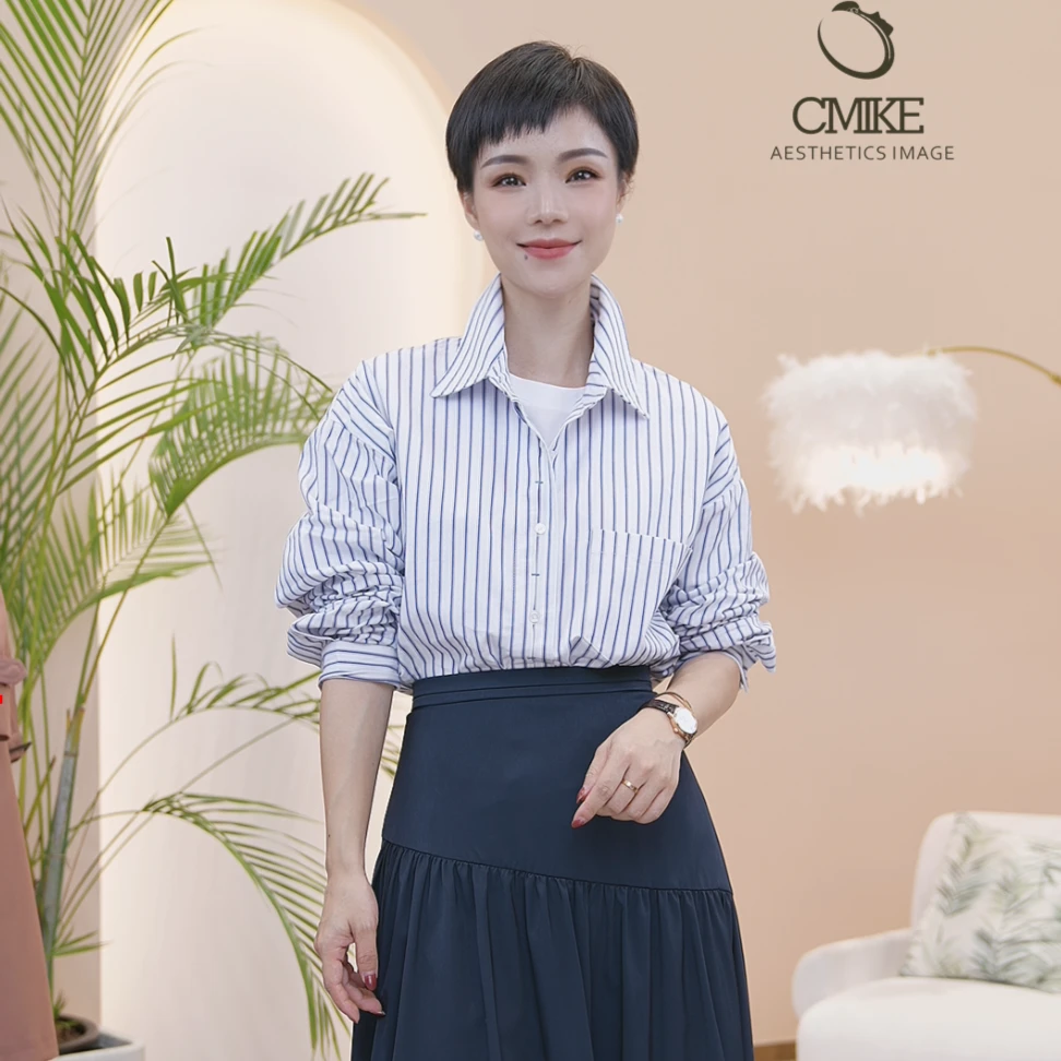 【橙蜜客】初秋新款竖条纹休闲衬衫女宽松翻领衬衣 2353C000530