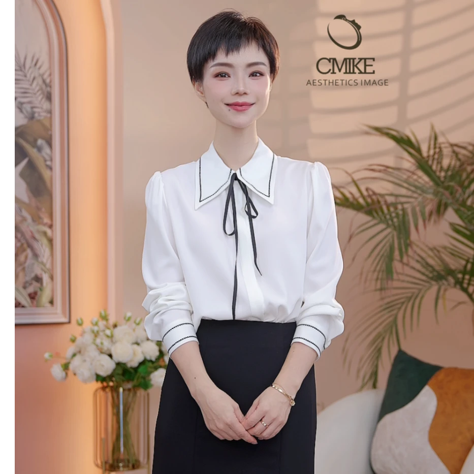 【橙蜜客】绣花飘带衬衫 时尚气质长袖通勤法式衬衣2453C000577