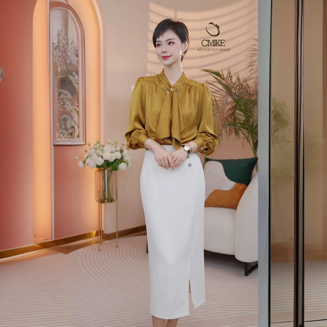 【橙蜜客】珠花飘带衬衫 气质时尚长袖通勤衬衣 2453C000599