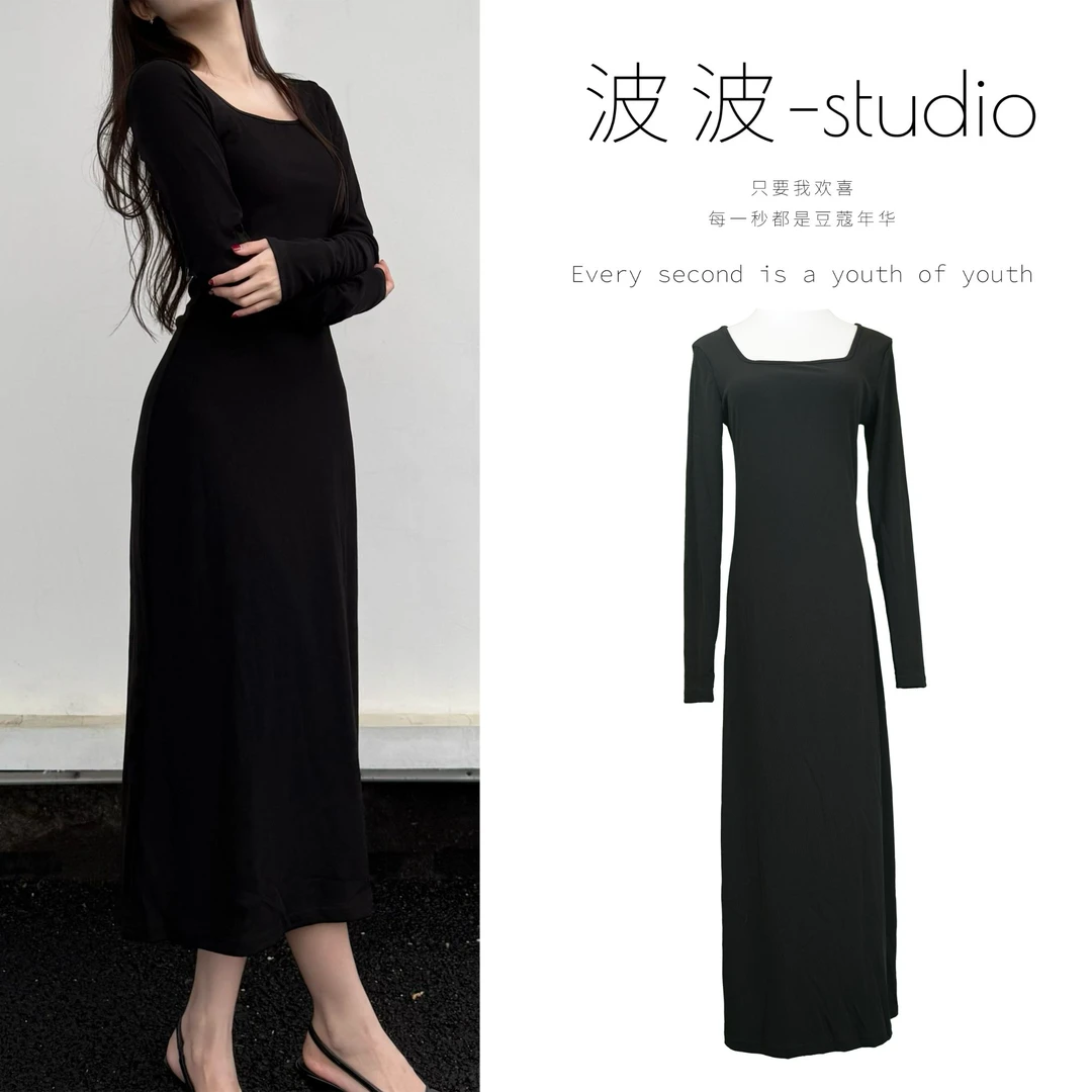 波波黑灰色显瘦黑裙气质长款收腰黑色长袖连衣裙小黑裙新款秋冬