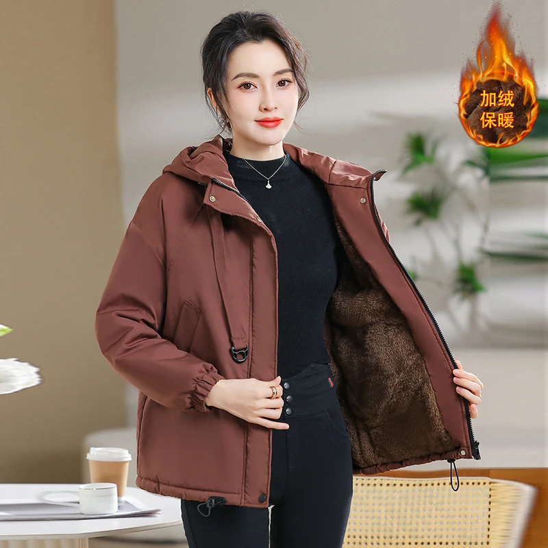 外套中老年连帽加绒棉服加厚保暖冬季大码短款时尚休闲中年宽松