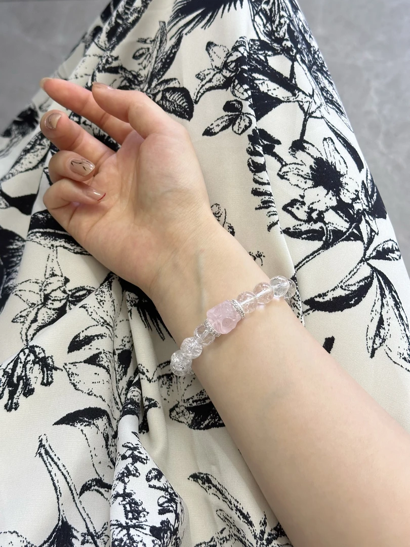 非金属莫桑石手镯 希望你平安~温柔粉醒狮白爆花珠串手串手镯