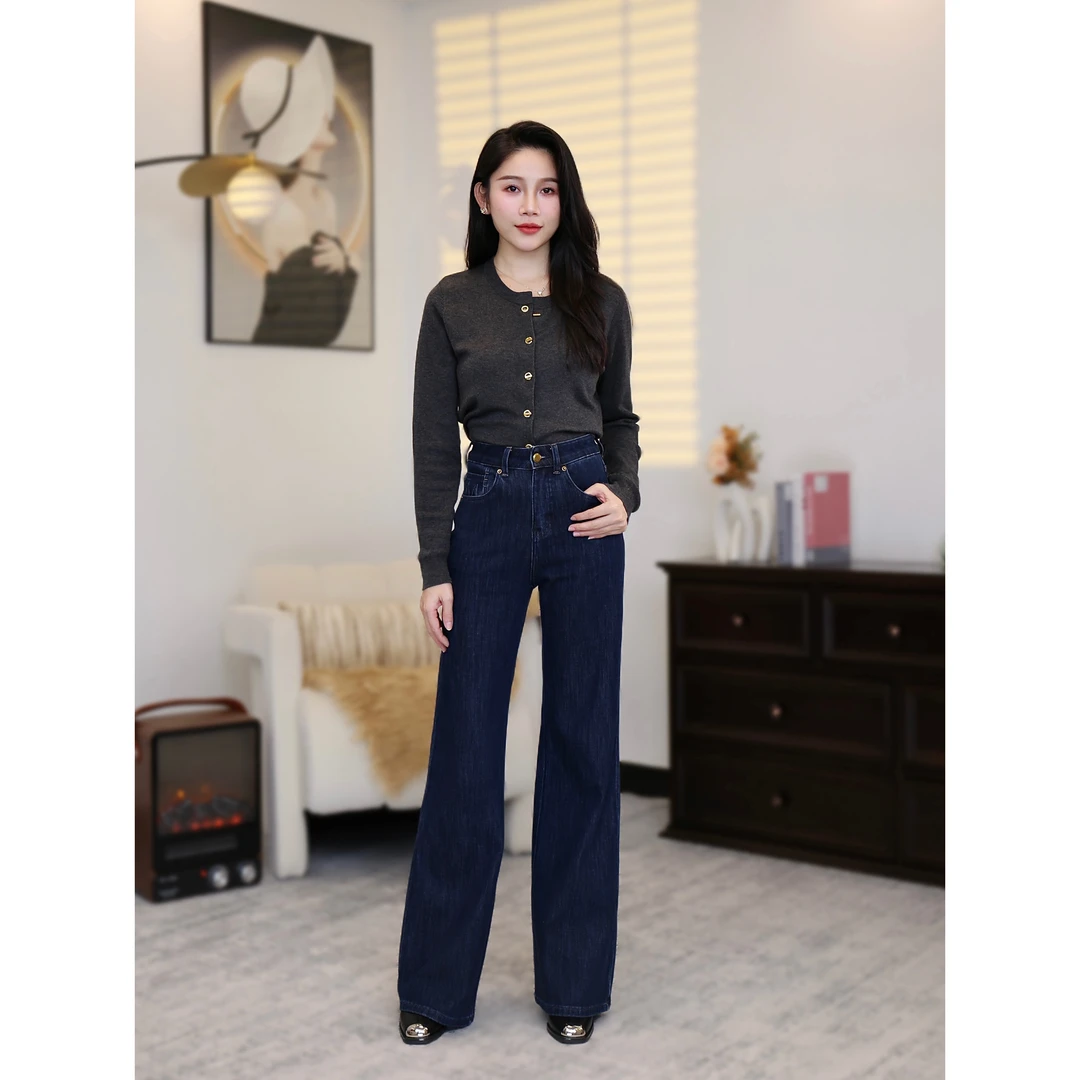 【樱桃家牛仔】·海洋之心·设计款中高腰四面弹加绒深蓝直筒喇叭裤