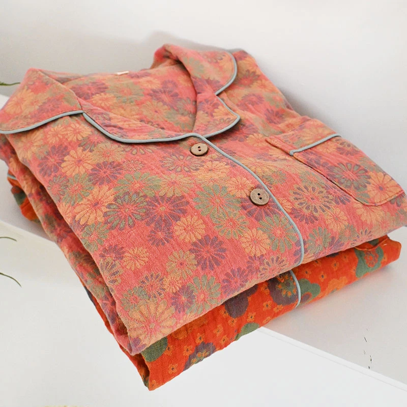 复古春秋女色织提花双层纱布睡衣套装水洗绉布纯棉长袖长裤家居服