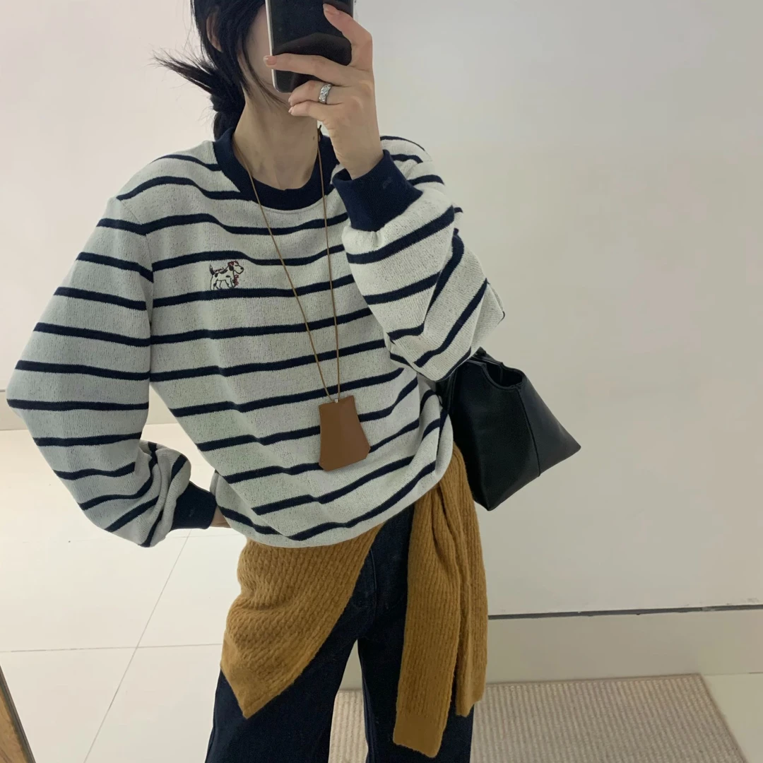 ZHANG&PIE 秋冬韩系加绒条纹设计感刺绣T恤 20486
