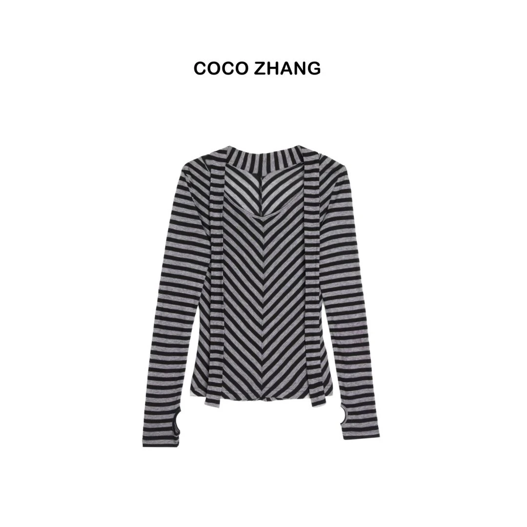 COCO ZHANG YMQY 原创条纹长袖修身T恤 6902 Hi Fortune