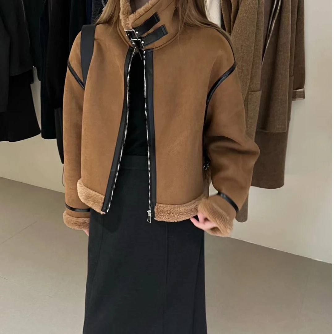 ZHANG&OOVE 韩系宽松时尚大翻领羊羔毛仿皮毛一体短外套 19937