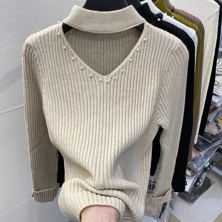秋冬大码半高领针织衫镂空钉珠上衣女装洋气显瘦打底长袖套头毛衣