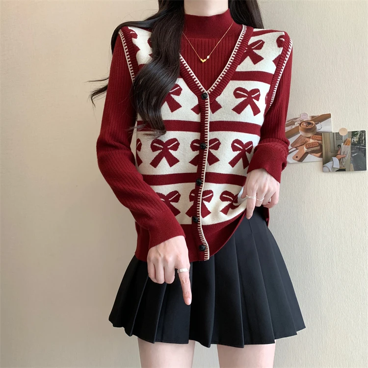 秋冬假两件针织衫打底上衣女大码宽松胖mm显瘦复古红色半高领毛衣