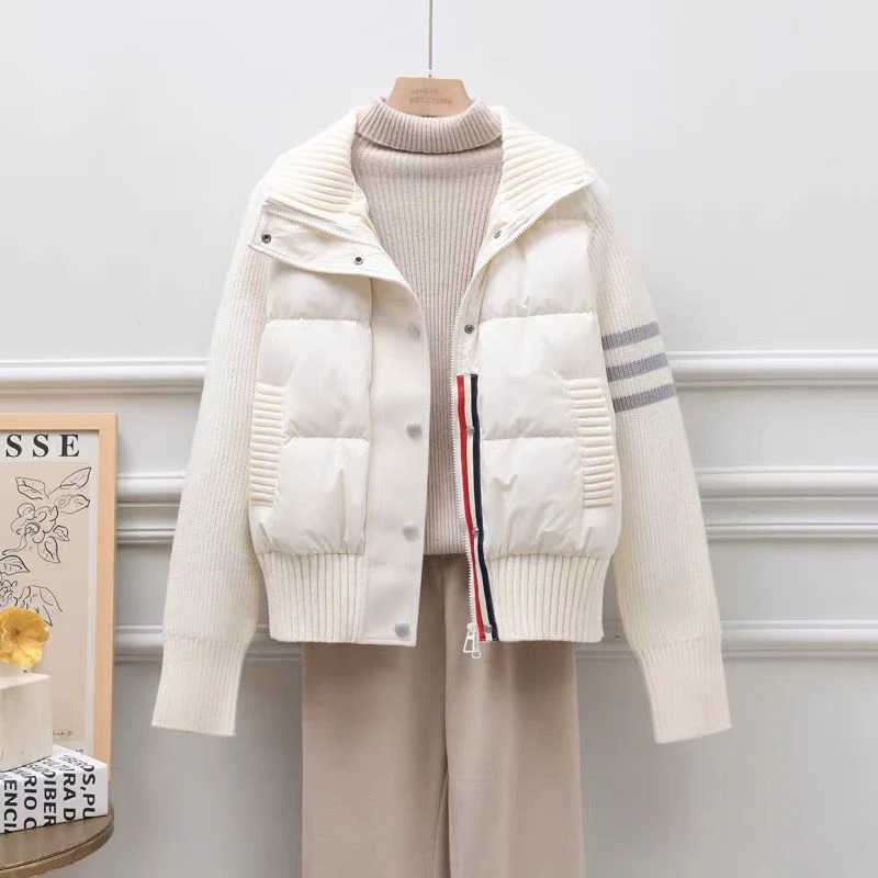 冬季新款轻薄羽绒服女短款针织拼接袖子白鸭绒洋气外套