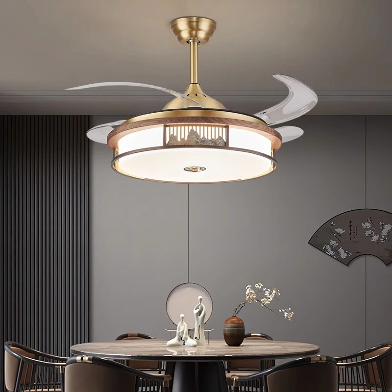 2023全铜新中式吊灯风扇一体隐形中国风禅意胡桃木卧室餐厅灯吊灯