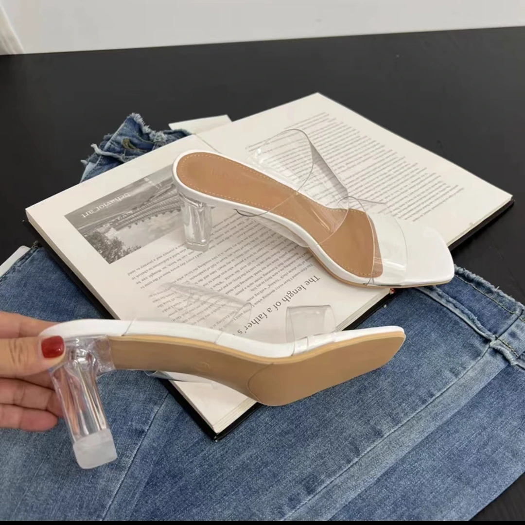 黄河专享/2024年水晶真皮一字带透明凉鞋拖粗跟高跟鞋女外穿L001