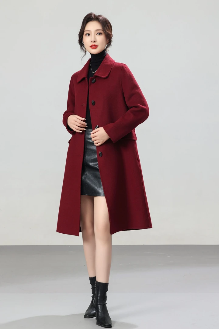 2024秋季新款时尚休闲牛角扣气质长款纯手工双面羊毛大衣 林