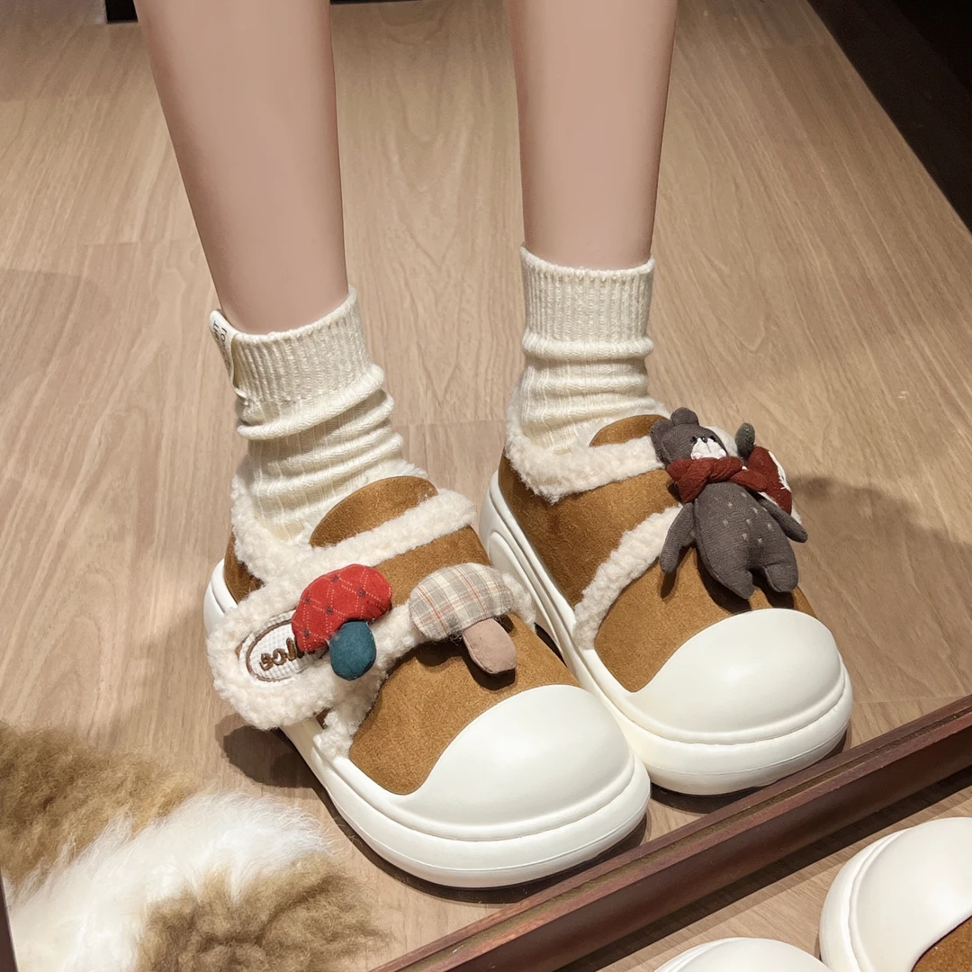 可爱蘑菇小熊加绒保暖棉鞋女2024年冬季新款休闲舒适魔术贴雪地靴