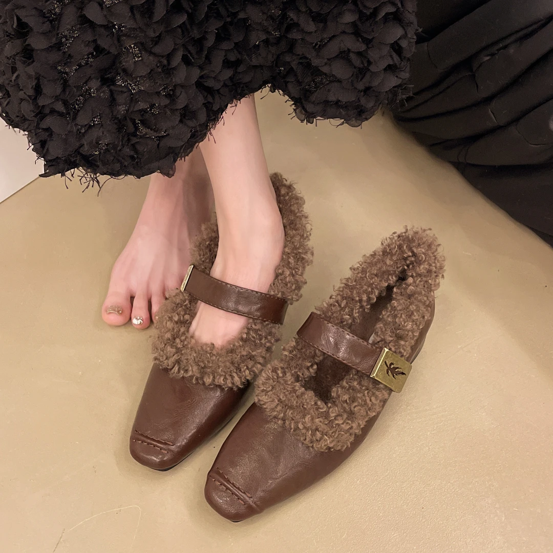 加绒玛丽珍女鞋法式粗跟单鞋女2024秋冬新款平底鞋保暖软底毛毛鞋