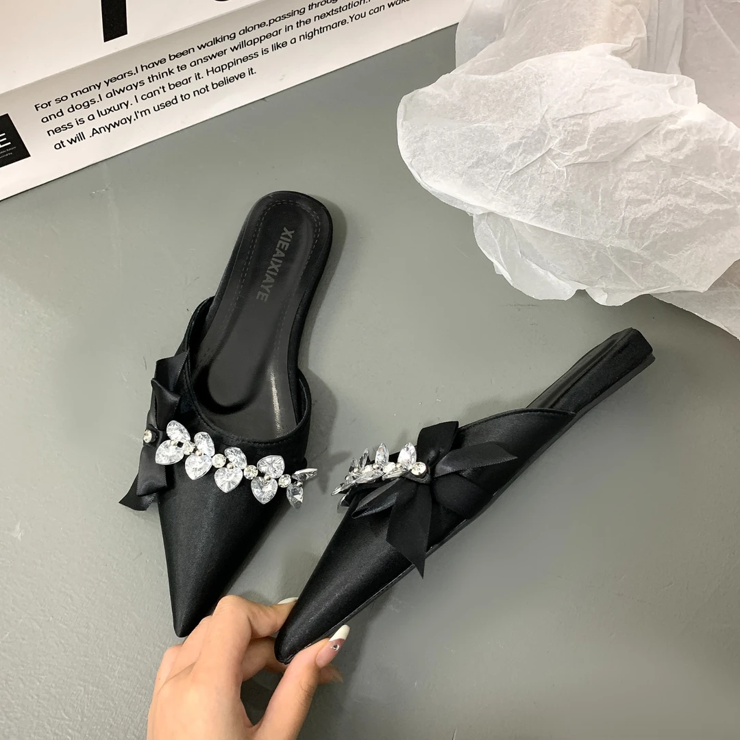 包头尖头半拖鞋女外穿2024夏新款时尚皮带扣凉拖鞋平底懒人穆勒鞋