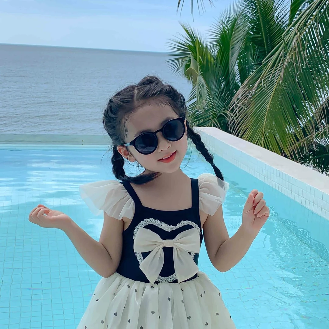 水手宝宝儿童公主网红连体泳装网红女童时尚点点心泳衣3363