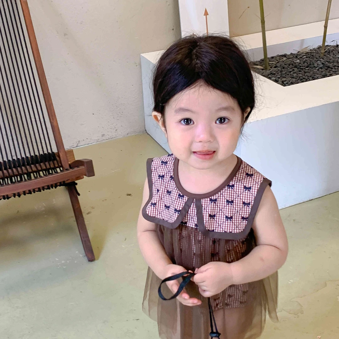 水手宝宝蕾丝碎花款公主连体夏款无袖洋气显瘦遮肉领结格泳衣3350