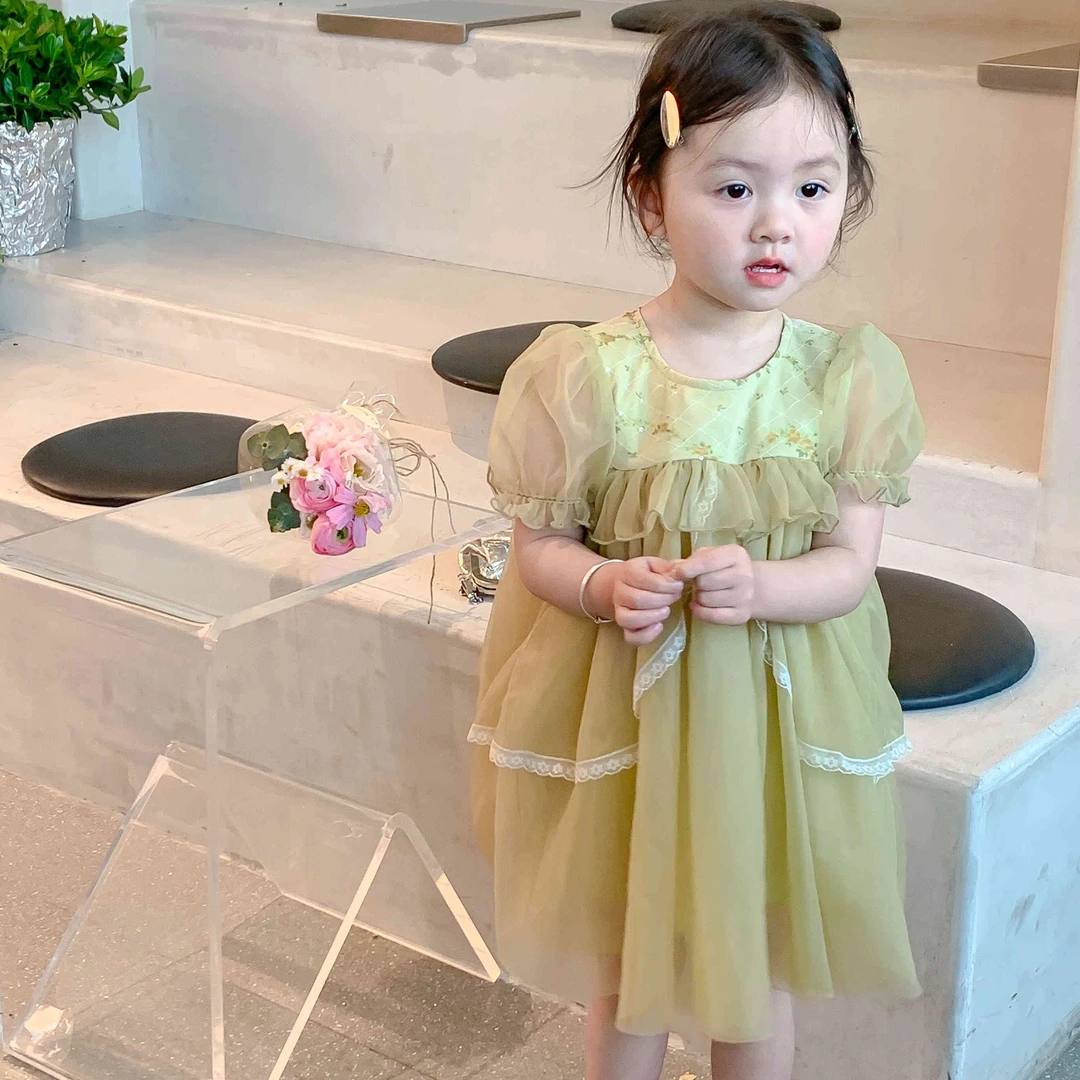 女童绿色宝宝夏款高端定制夏季洋气甜美穿搭碎花条纹格纱裙 2037
