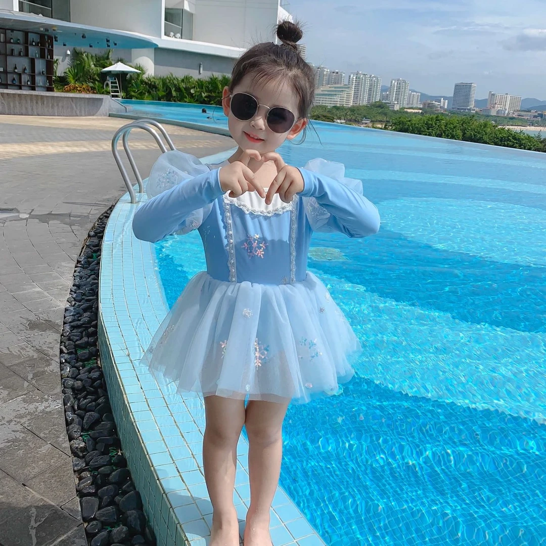 水手宝宝女孩韩版沙滩游泳连衣泳衣温泉洋气游泳雪花片泳衣3053