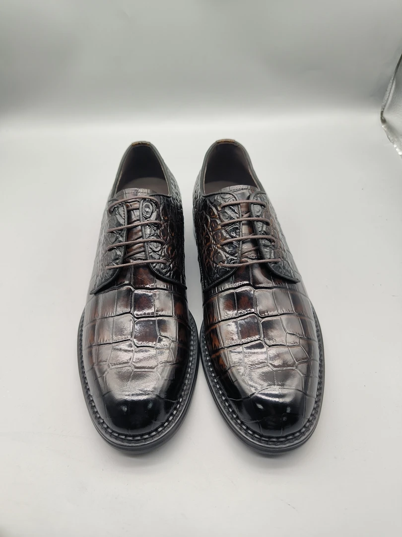 尼罗鳄鳄鱼皮棕色固特异全皮底商务正装皮鞋