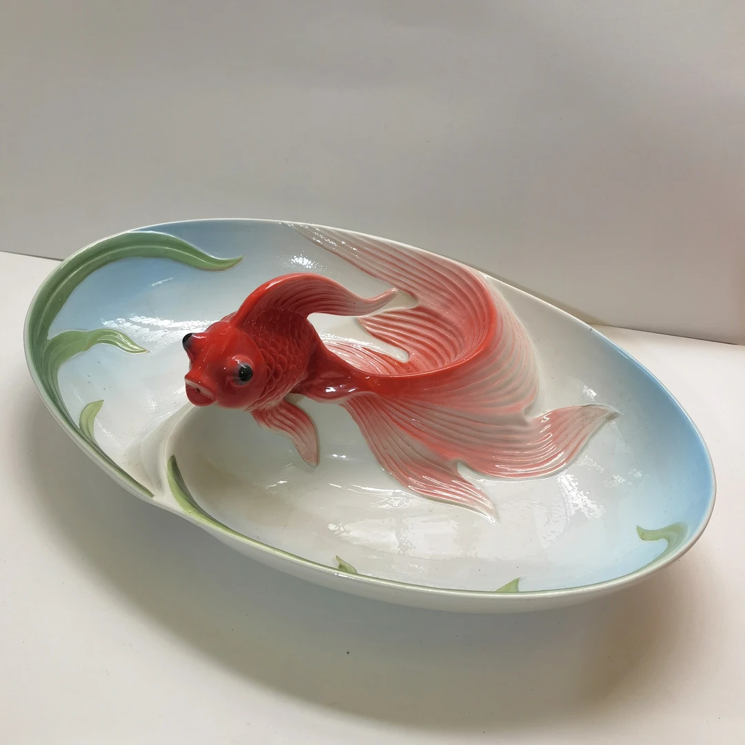 新双格鱼盘釉下彩拼盘陶瓷盘子手绘5D立体浮雕盘餐具家用瓷器果盘