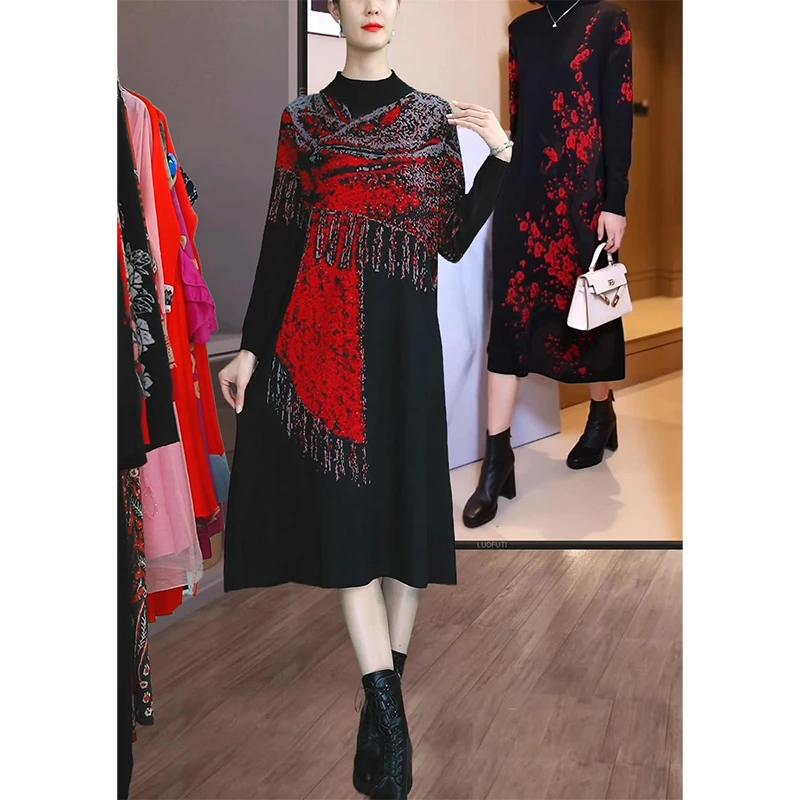 2025秋冬新款针织提花时尚宽松遮肉打底毛衣裙连衣裙DCA1849