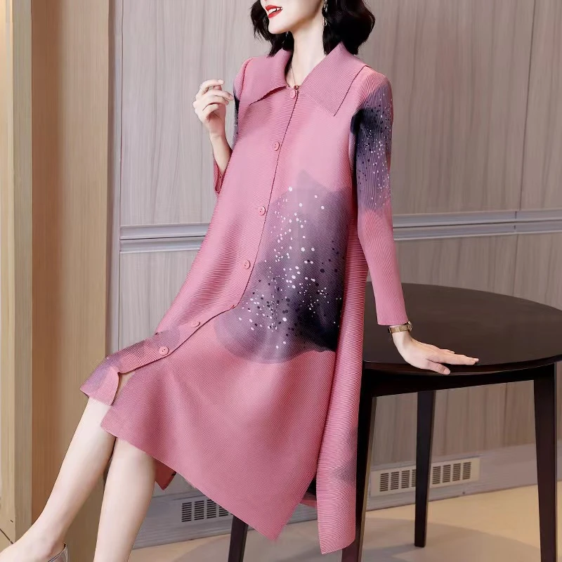 2025春季时尚印花长袖褶皱连衣裙翻领大码中长款a字裙女DCA1168