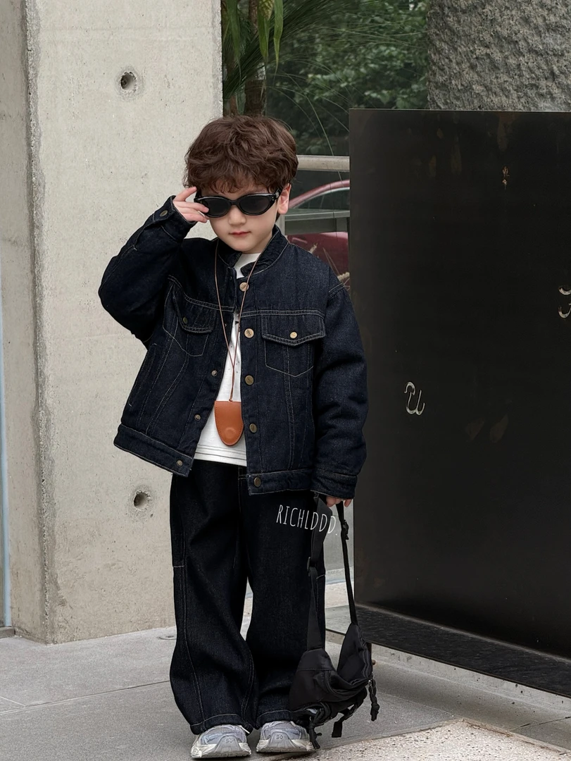 No退no换:牛仔聚焦冬季原牛棉服加绒牛仔裤冬款男女童韩套装16809