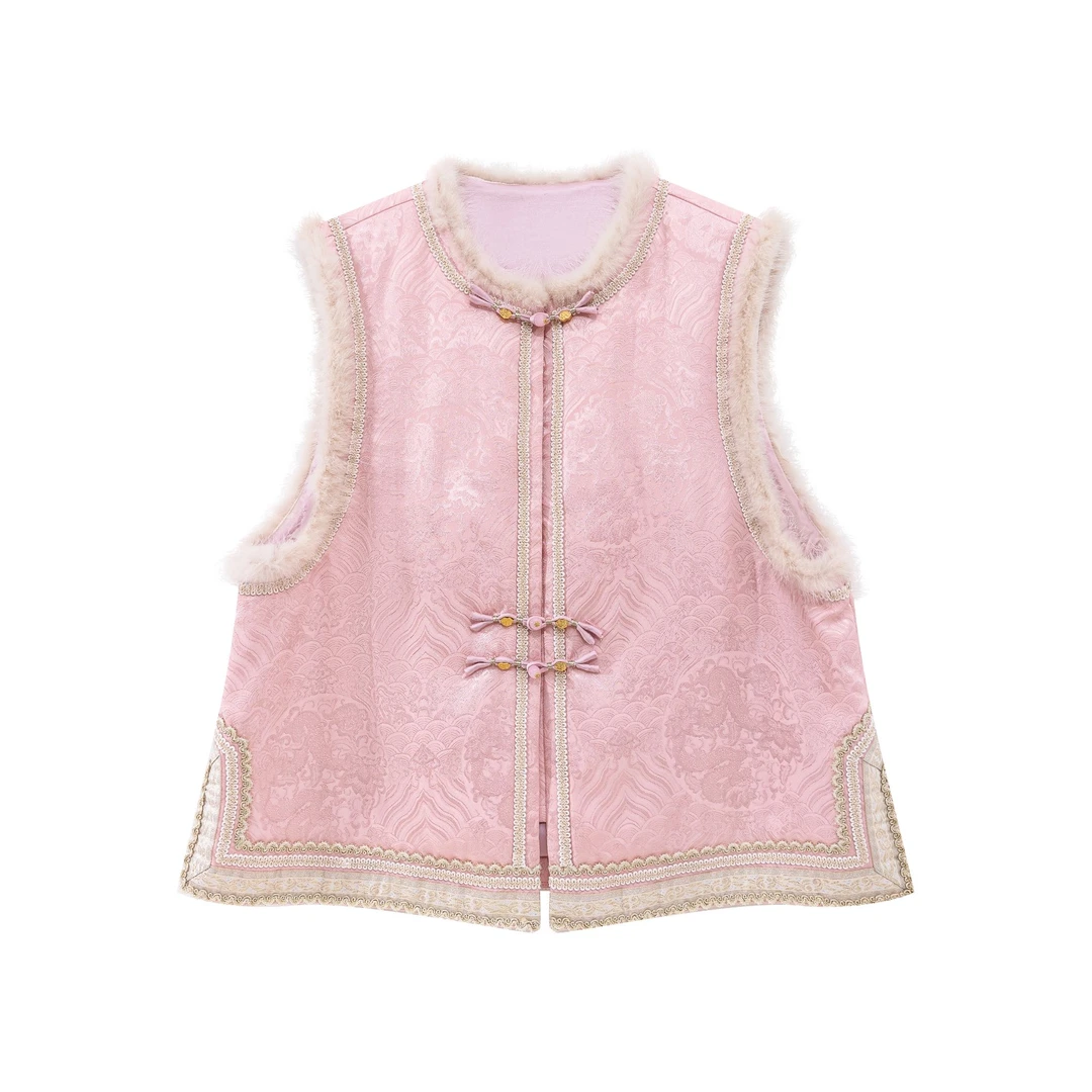 YANG.Y- 【花语】深圳原创新中式女装桑蚕丝水貂毛夹棉马甲91105