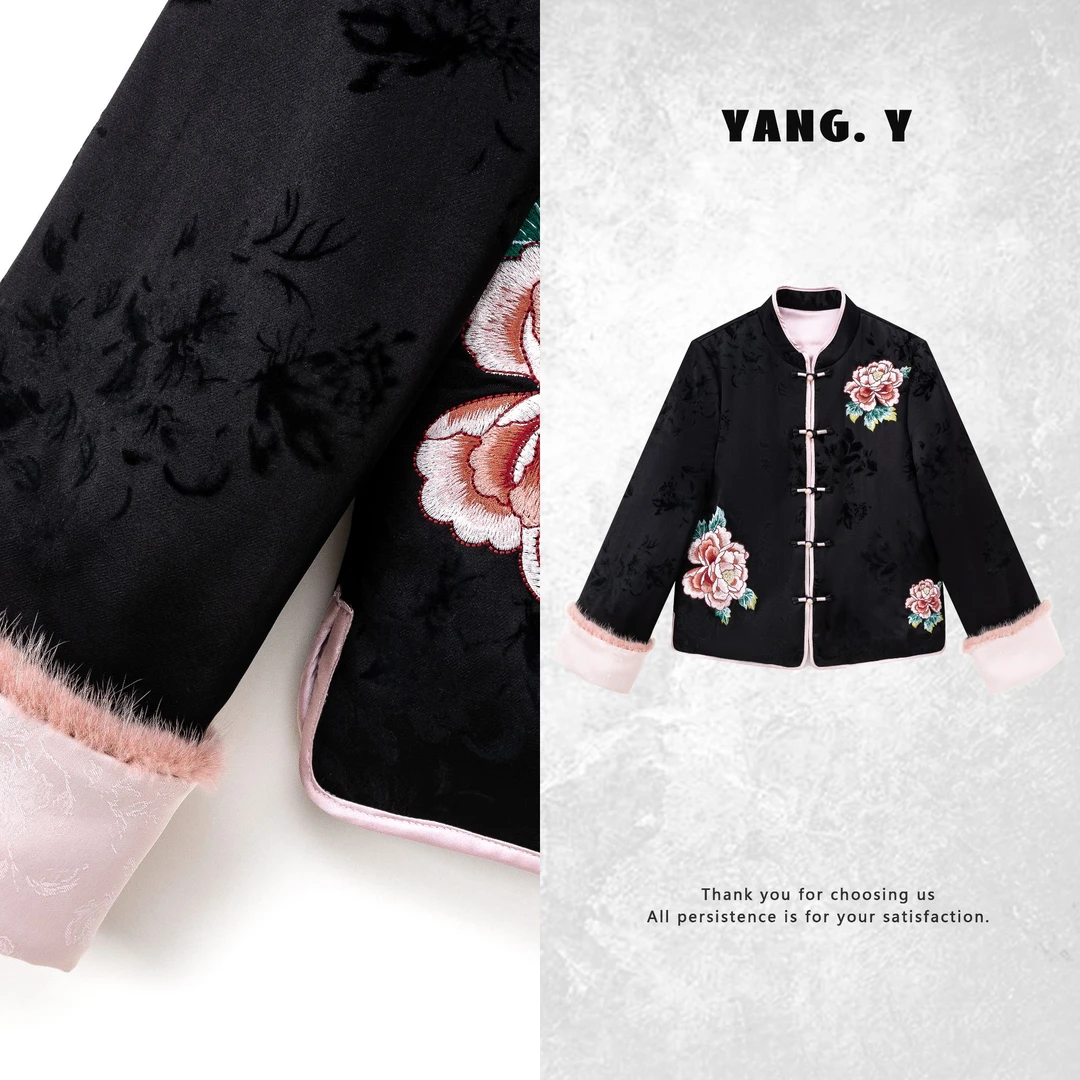 YANG.Y-【风染絮落】深圳原创中式国风女装醋酸水貂毛夹棉外套90376