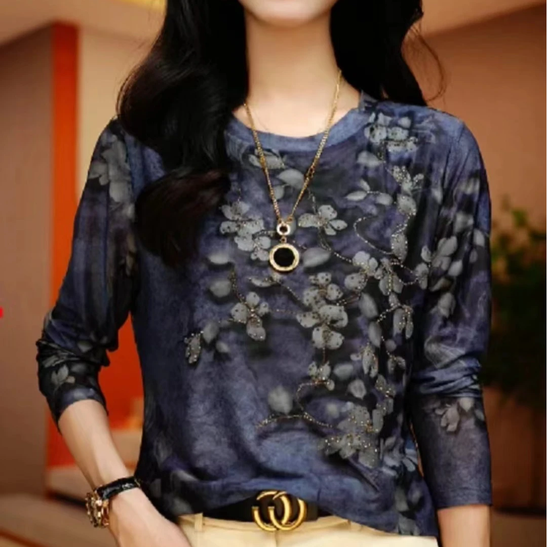 （烫钻）时尚百搭长袖高贵洋气减岭上衣