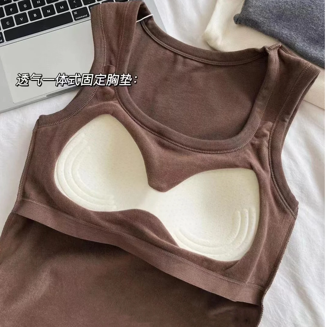 懒人必备免穿内衣秋冬保暖宽肩背心固定杯一体式休闲百搭打底上衣