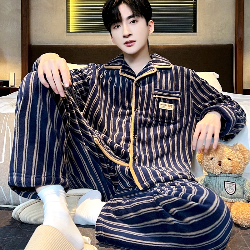 睡衣男秋冬季加厚珊瑚绒套装可外穿家居服保暖长袖春秋大码法兰绒