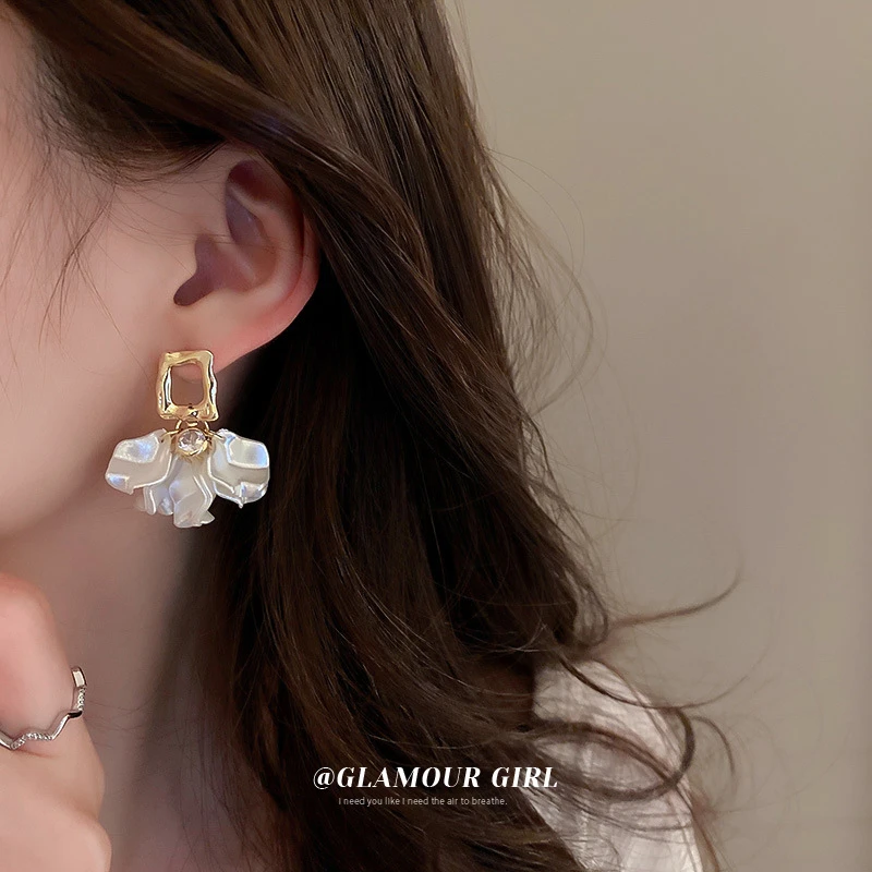 银针方形花瓣耳环韩国时尚气质自然风耳坠设计感森系个性耳饰