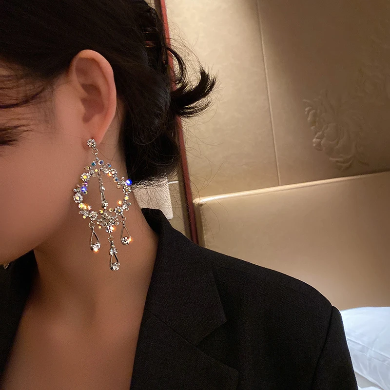 银针欧美镂空水滴大耳环女气质耳坠流苏长款个性耳饰