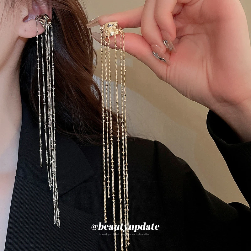 韩国不规则形链条长款流苏耳夹冷淡风无耳洞耳骨夹小众耳环