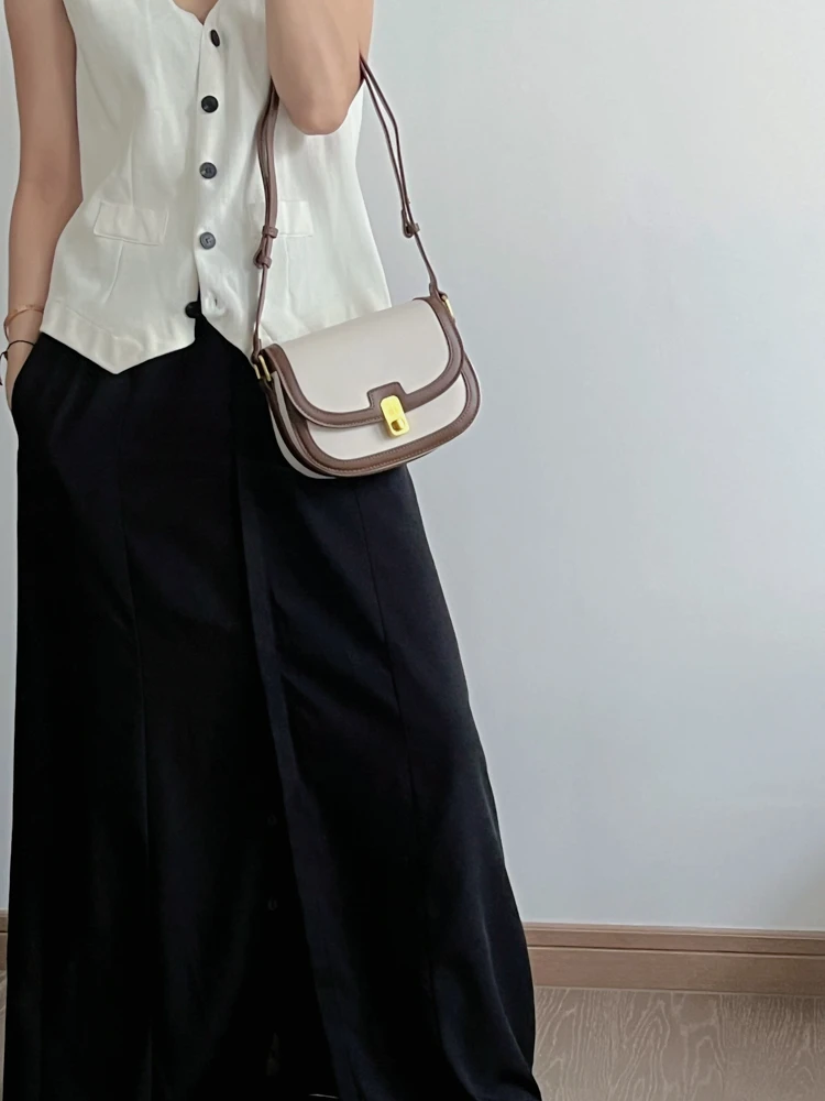 SanLiangMo 简约拼色牛皮马鞍包小香风时尚百搭休闲拼接设计感