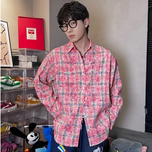 【糖果色彩虹格纹衬衫】水洗撞色OVERSIZE男女同款长袖翻领衬衫