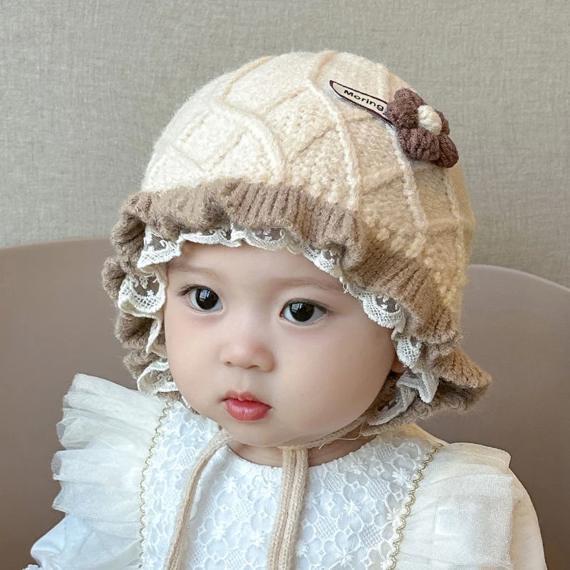 宝宝帽子秋冬季护耳帽婴幼儿加厚保暖针织毛线帽蕾丝花边公主帽韩