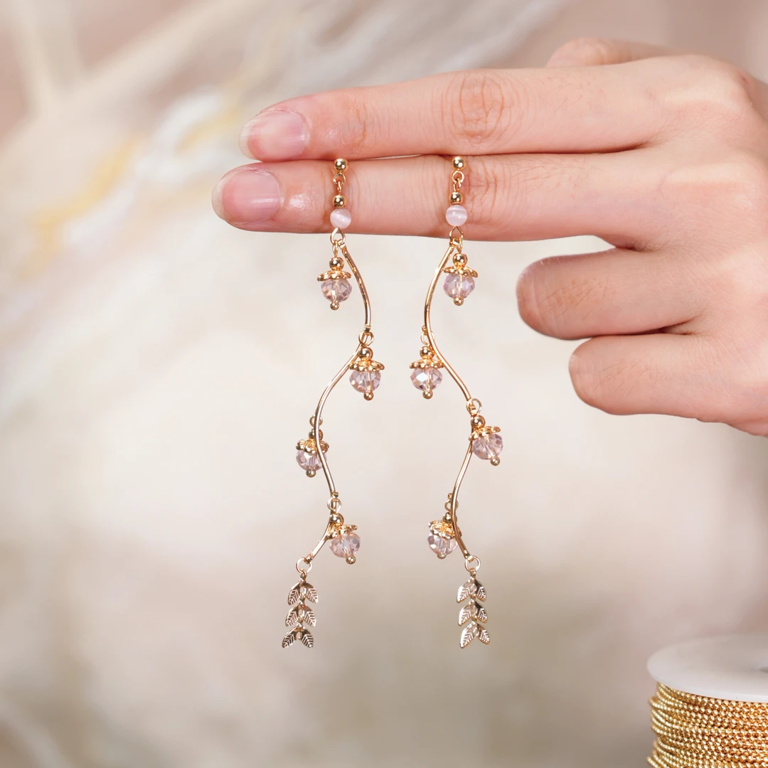 吾珥 铜合金耳饰 木槿系列·长耳钉/WEED12 原创设计中式国风粉色