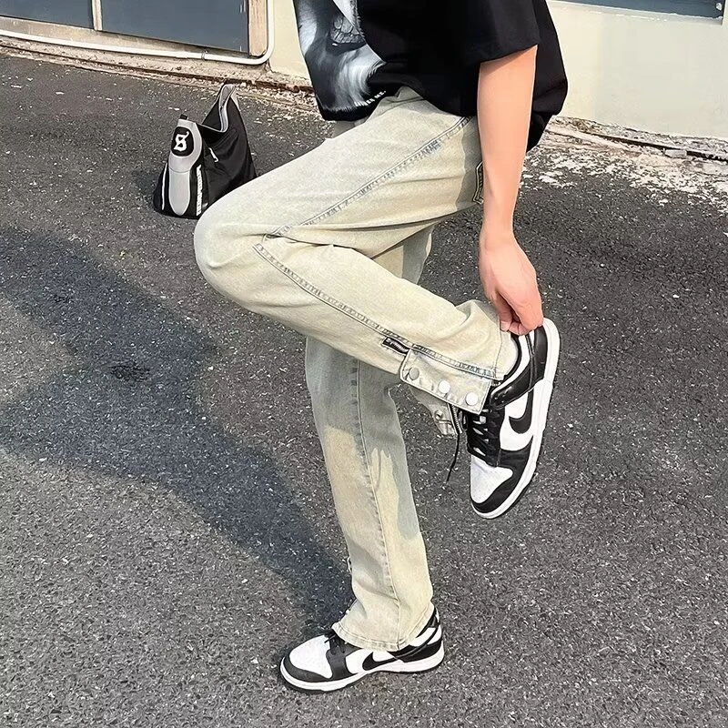 美式高街水洗做旧黄泥色牛仔裤男女同款复古修身直筒长裤时尚休闲