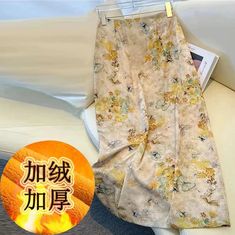 秋冬新款优雅时尚气质高腰流苏蝶恋印花洋气显瘦加绒加厚半身裙