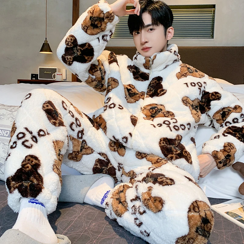 男士睡衣夹棉袄三层加厚加绒套装法兰绒珊瑚绒家居服防寒超厚冬款