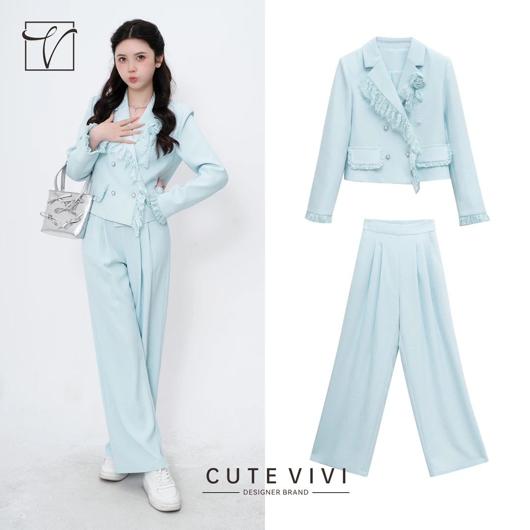 vivi丨2024年秋季新款时尚设计款长袖上衣长裤套装女M24214